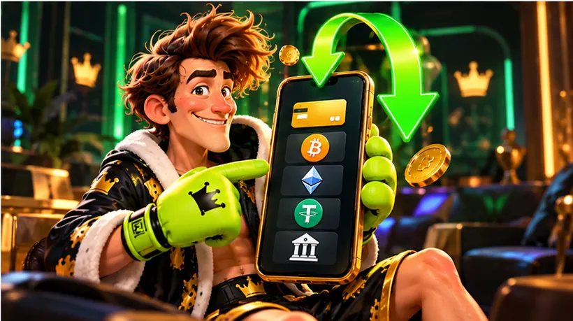 SlimKing boxer pointing at a phone wallet screen with card, coin and bank options